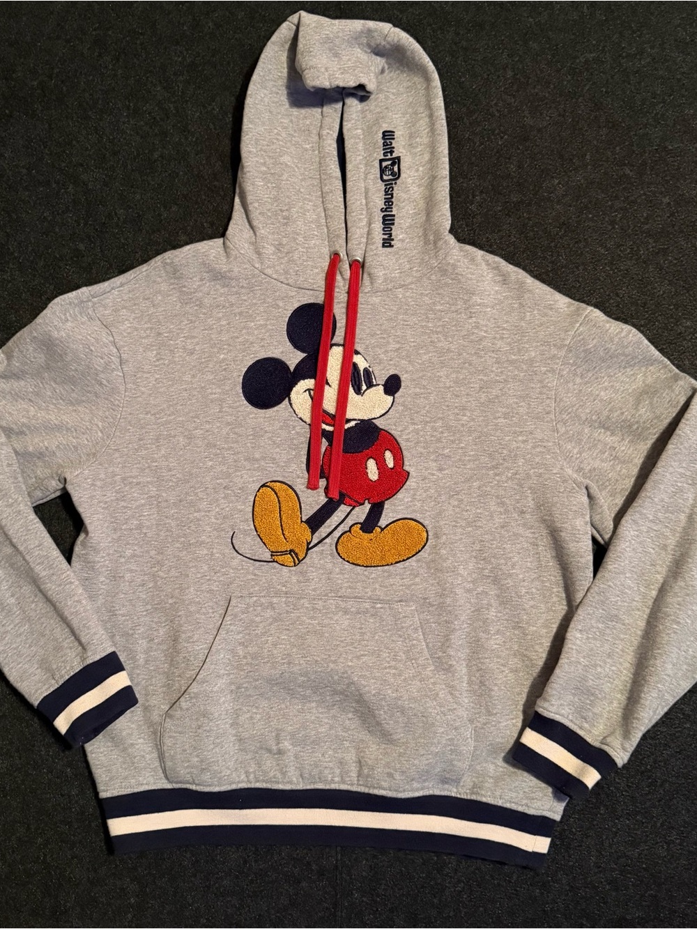 Disney Gray Hoodie with Mickey Mouse Embroidered Graphic and Red Drawstrings Sma